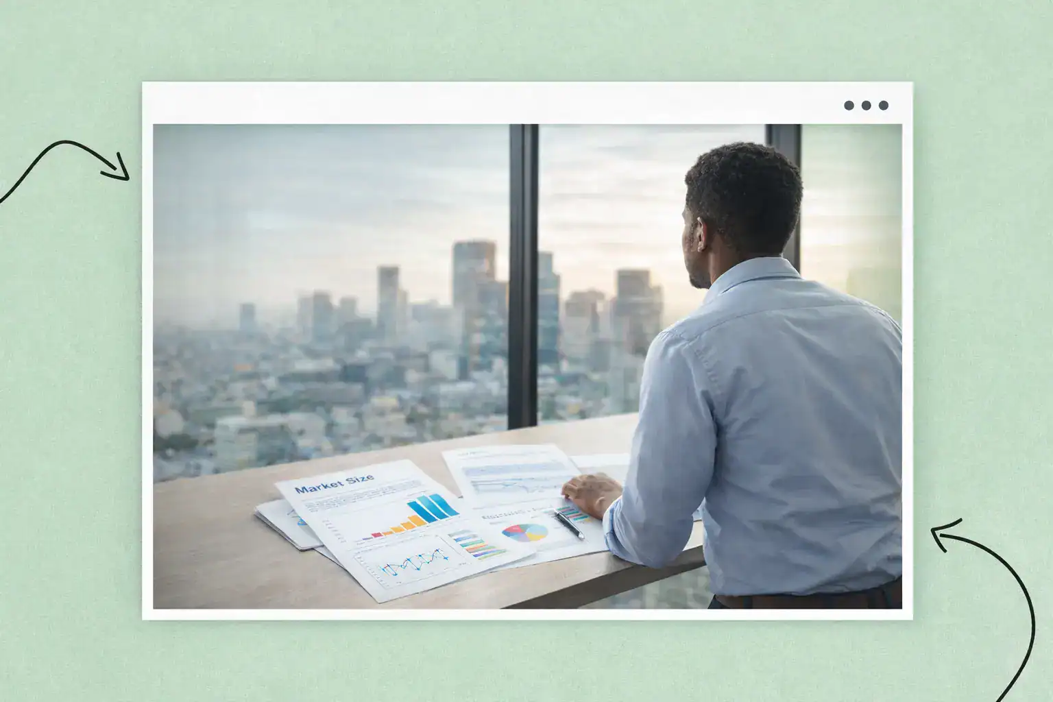 A man looking at a table covered in graphs and charts, overlooking a big city through a window