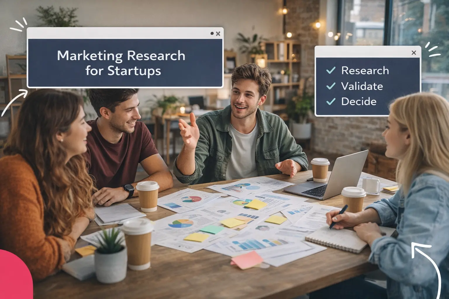 A group of young adults seated around a desk covered in charts and sticky notes
