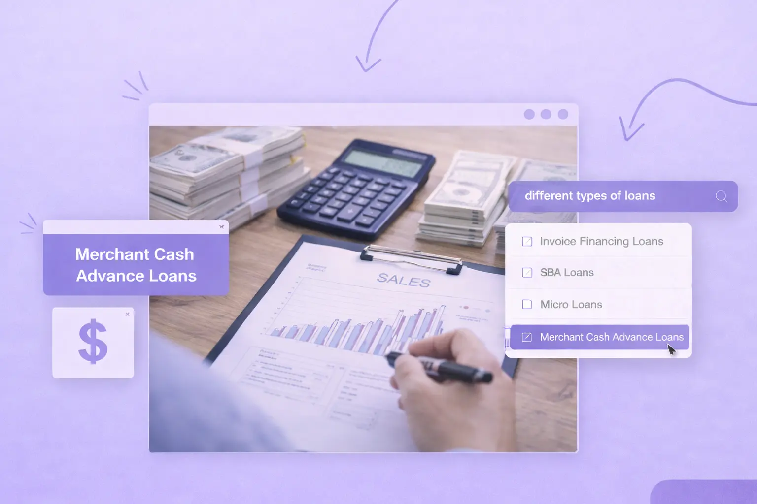 A person looking at a sales graph with a calculator next to them. Text reads "Merchant Cash Advance"