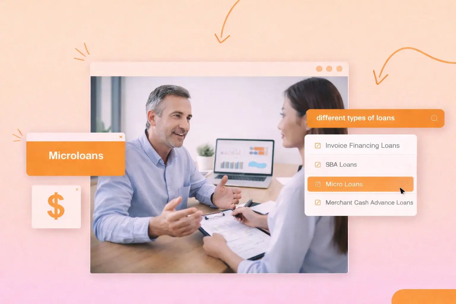 A man and a woman sitting at a table, text reads "Micro Loans"