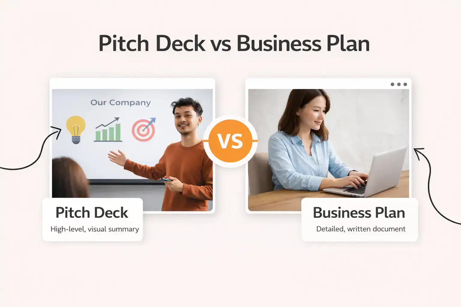 A man is giving a presentation on the left, a woman is typing on a laptop on the right