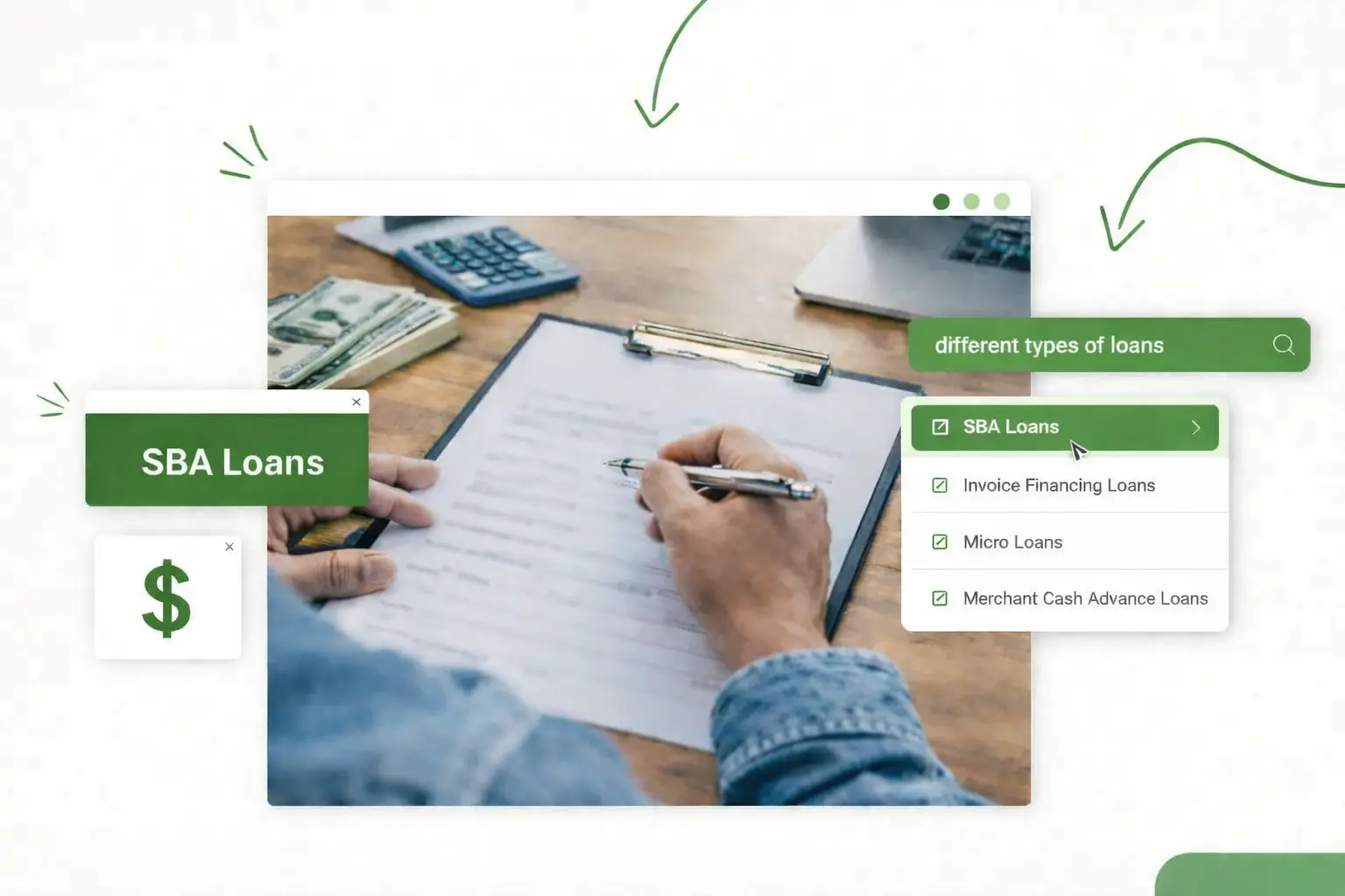 A person filing out a document. Text reads "SBA Loans"