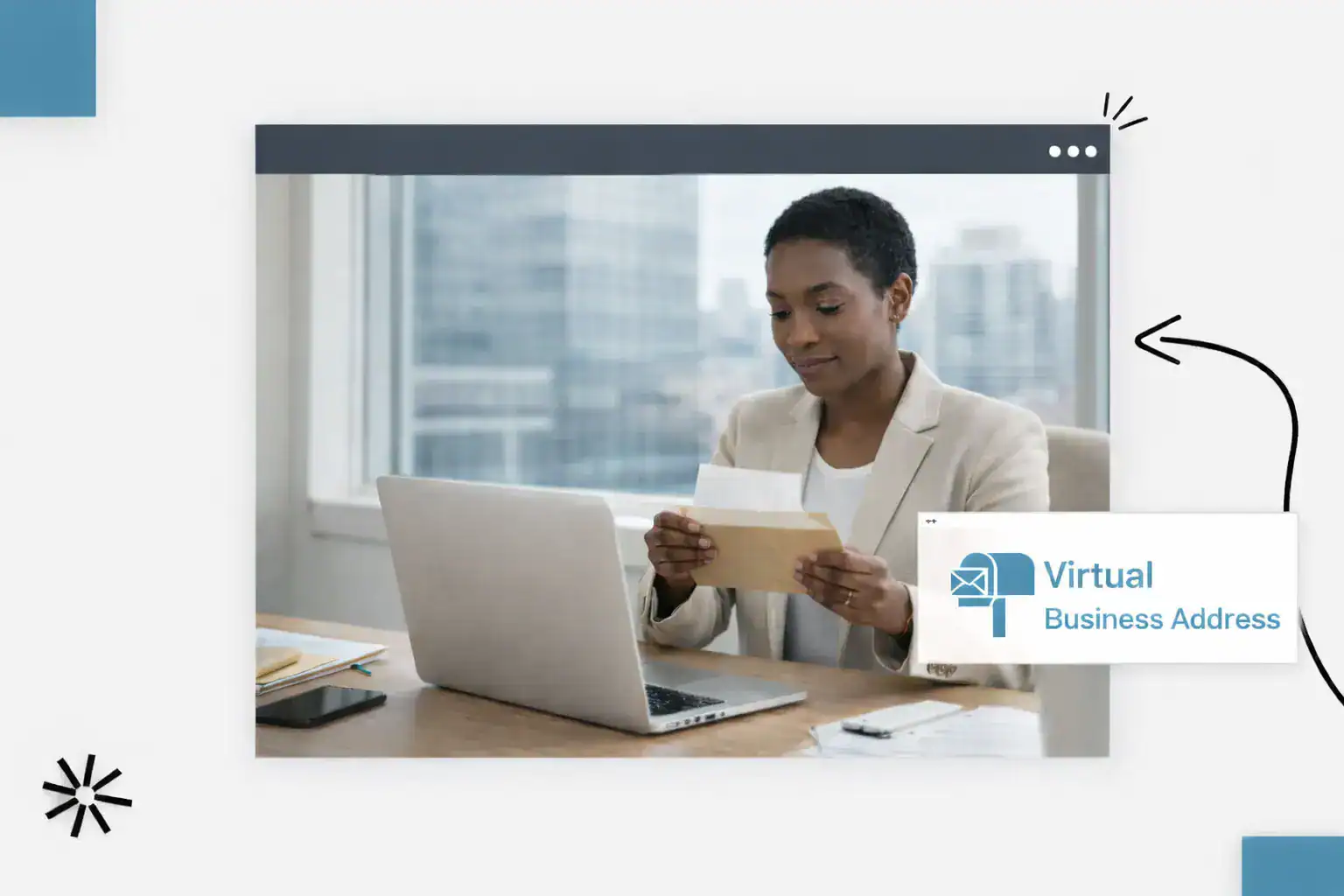 A women sitting at a desk with her laptop out, opening a piece of mail. Text reads "virtual business address"