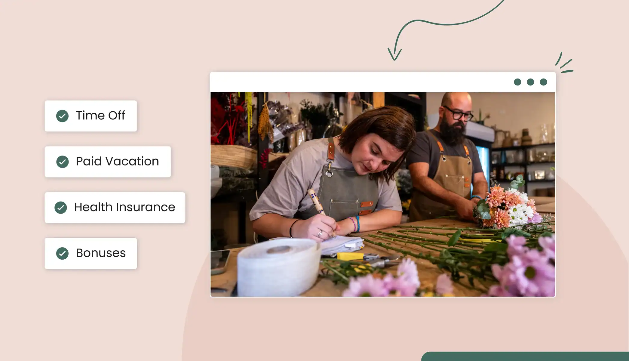 Two people working in a store, text reads "Time Off" "Paid Vacation" "Health Insurance" "Bonuses"