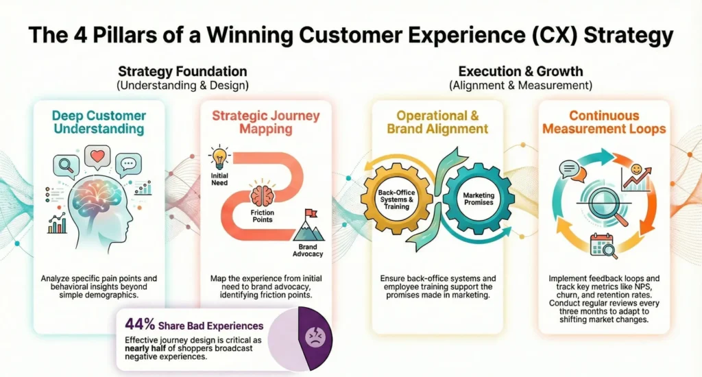 An infographic explaining the 4 pillars of a winning CX strategy