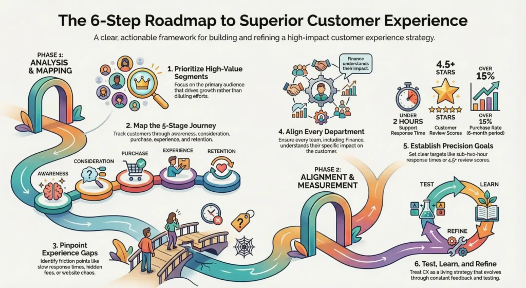 An infographic explaining the 6-step roadmap to a winning CX strategy
