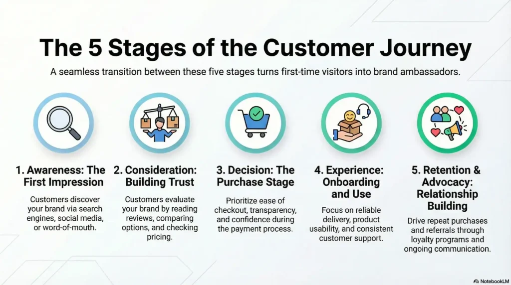 An infographic explaining the 5 stages of the customer journey