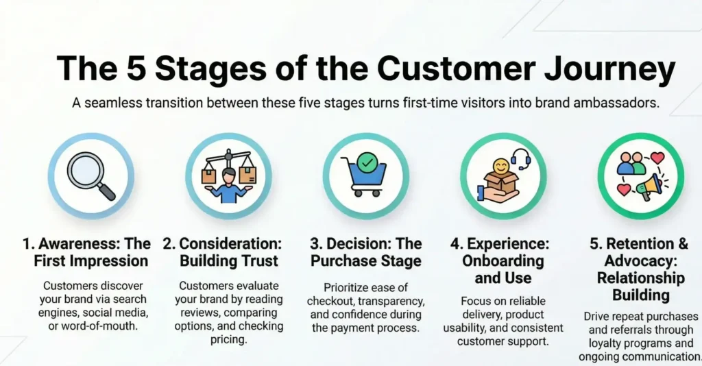 A infographic depicting the 5 stages of the customer journey. 