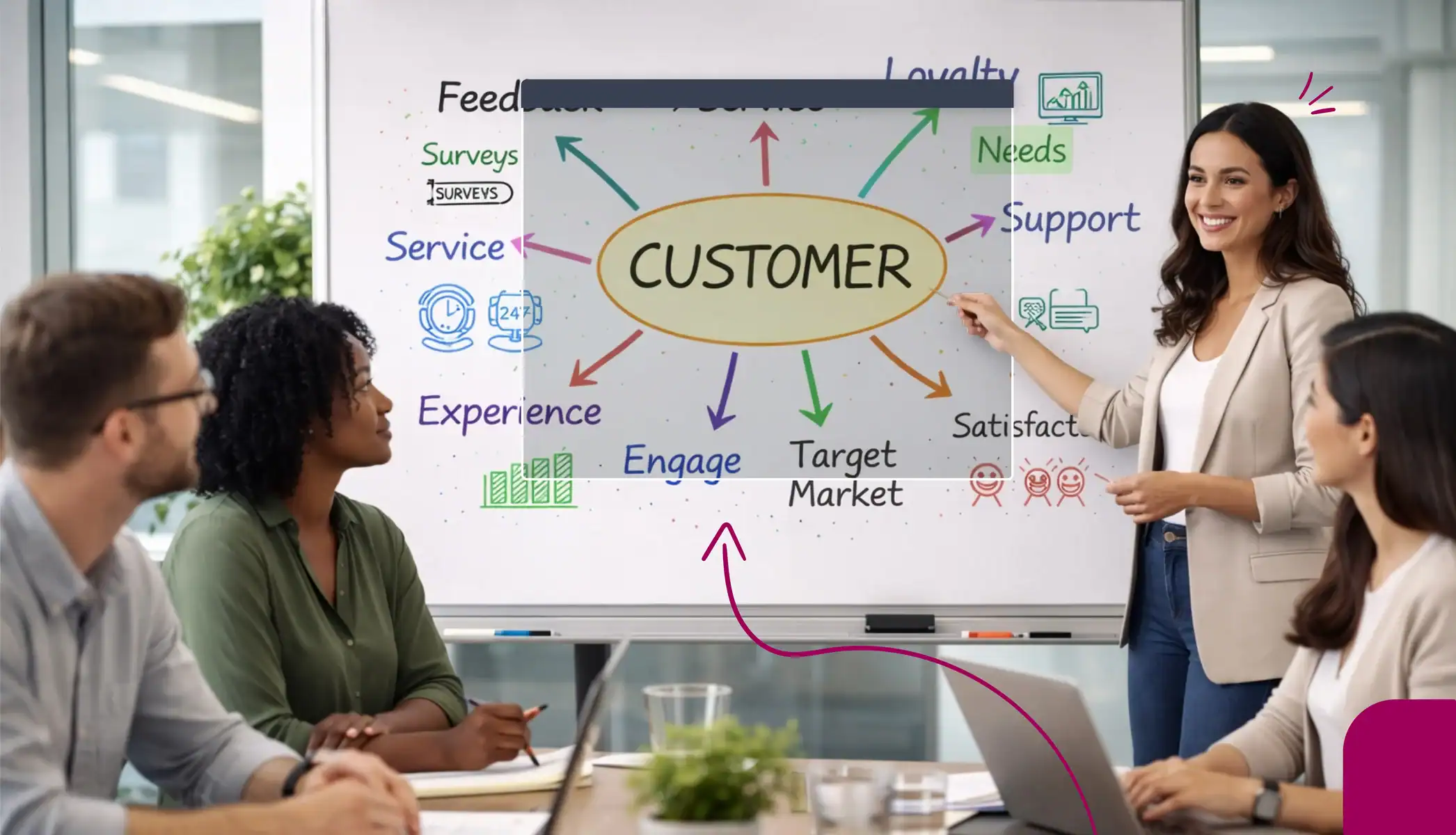 A group of people looking at a white board which says "Customer Experience" with ideas branching out from it