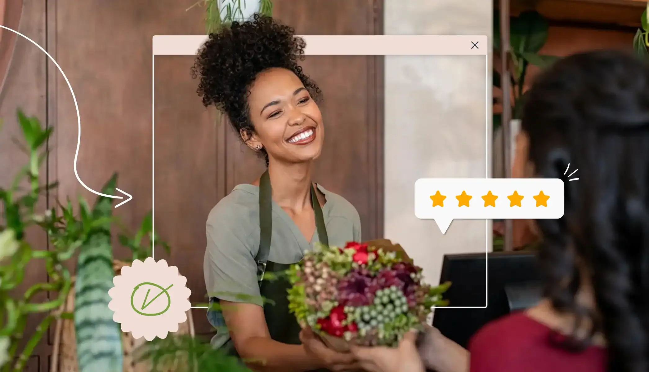 Two women smiling at each other in a flower shop A chat bubble with 5 stars in it