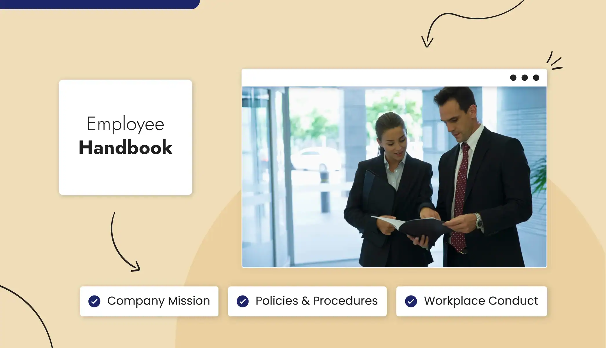 Two people in business suits reviewing an employee handbook