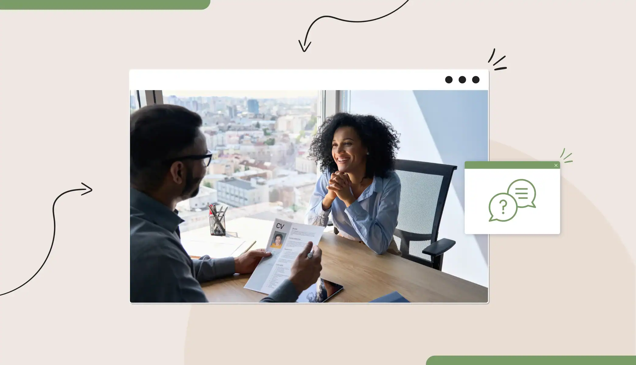 A man holding a resume speaking with a woman sitting across the desk from him in an office setting