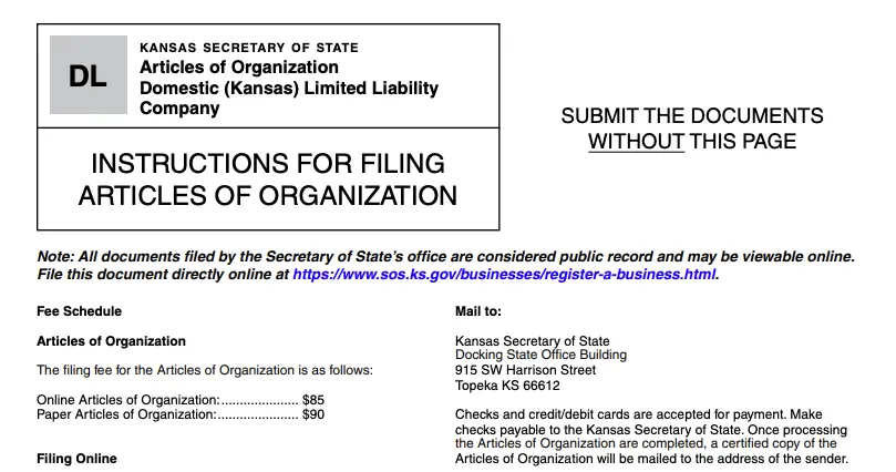 Kansas LLC filing fee screenshot of articles of organization filing system