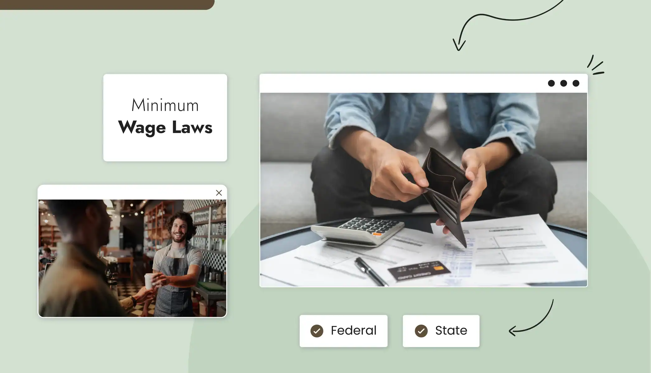 A person going through a wallet A barista handing someone a coffee in a cafe Text reads "Minimum Wage Laws" 'State" "Federal"