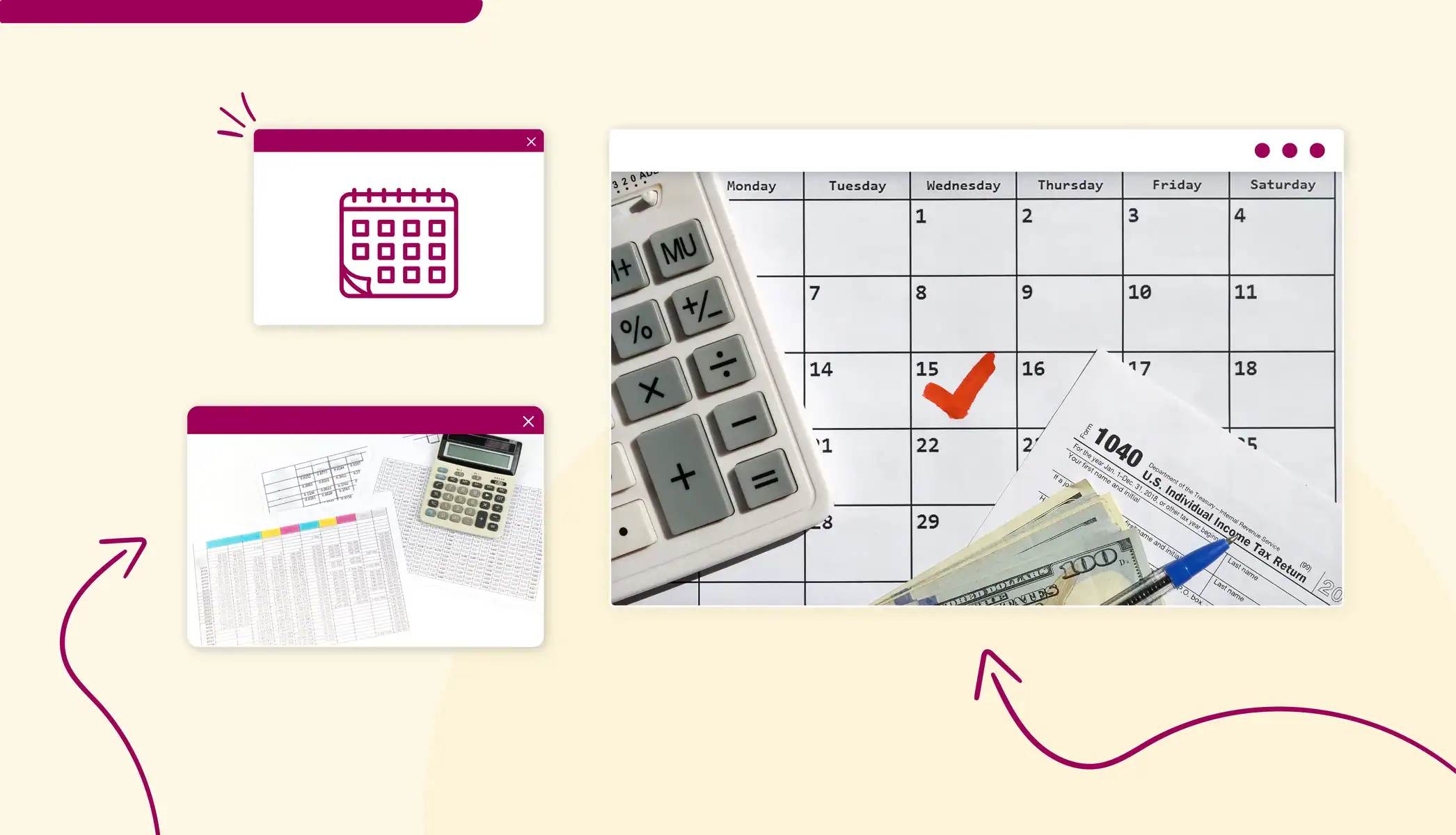 A calendar marking a date, a calculator and a US tax form