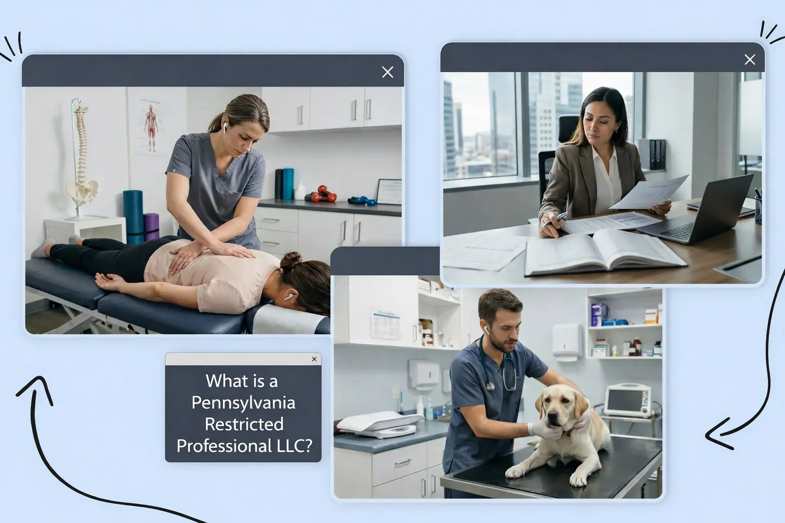 A chiropractor working in a clinic, a veterinarian doing a checkup on a dog, a woman looking at a laptop, text reads "What is a Pennsylvania Restricted Professional LLC?"