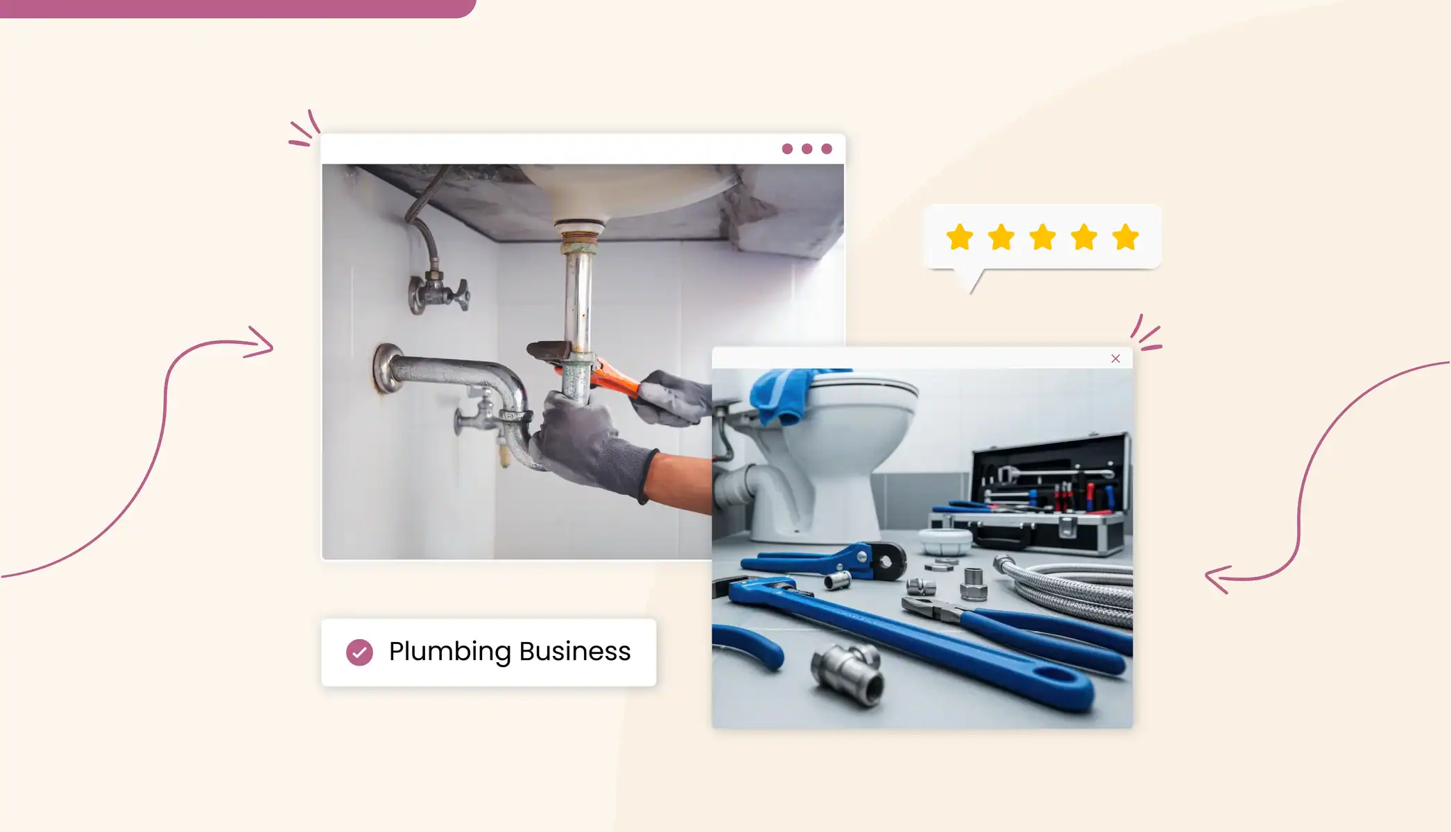 A plumber fixing a sink, tools spread across a tiled floor. Text reads "plumbing business"