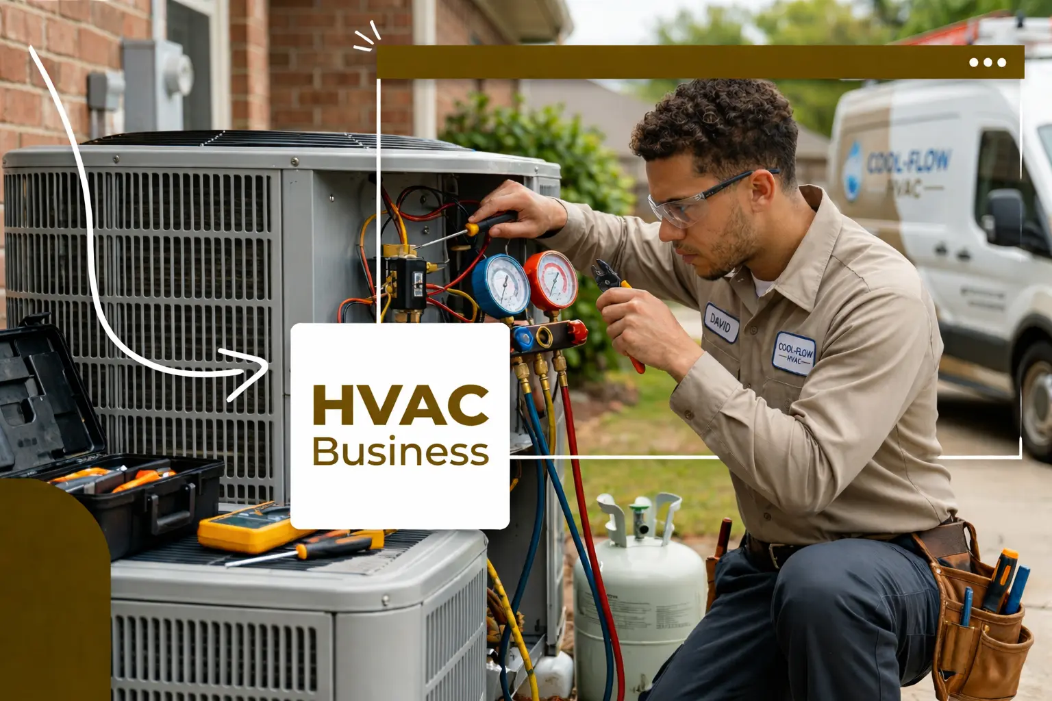 A man holding tools working on an outdoor AC unit, text reads "HVAC Business"