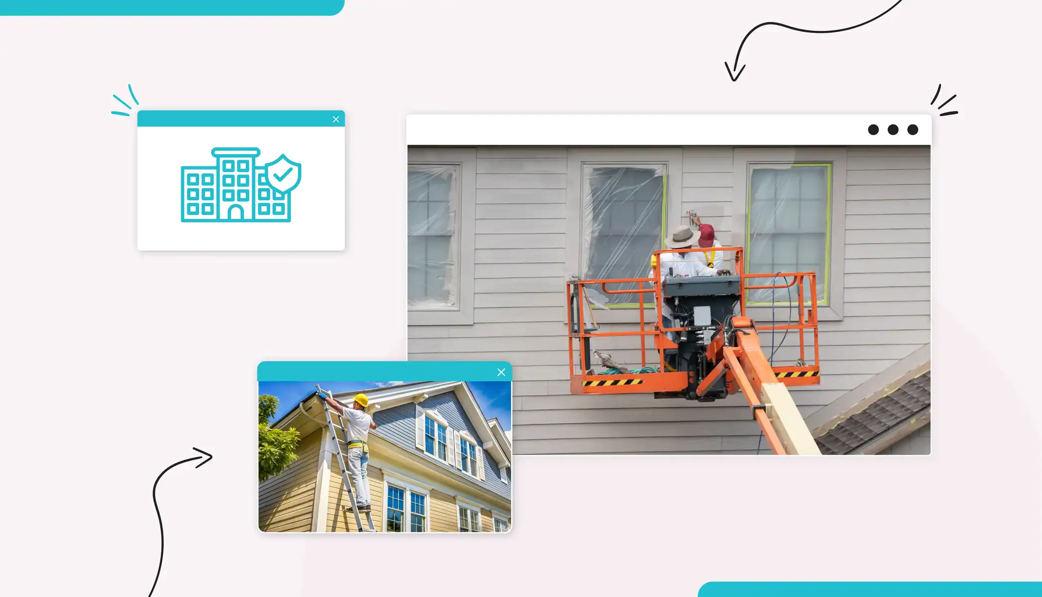 Painters painting the side of a house wearing protective hard hats and rubber gloves