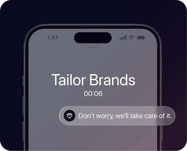 Phone on Tailor Brands website showing  a help bubble with text