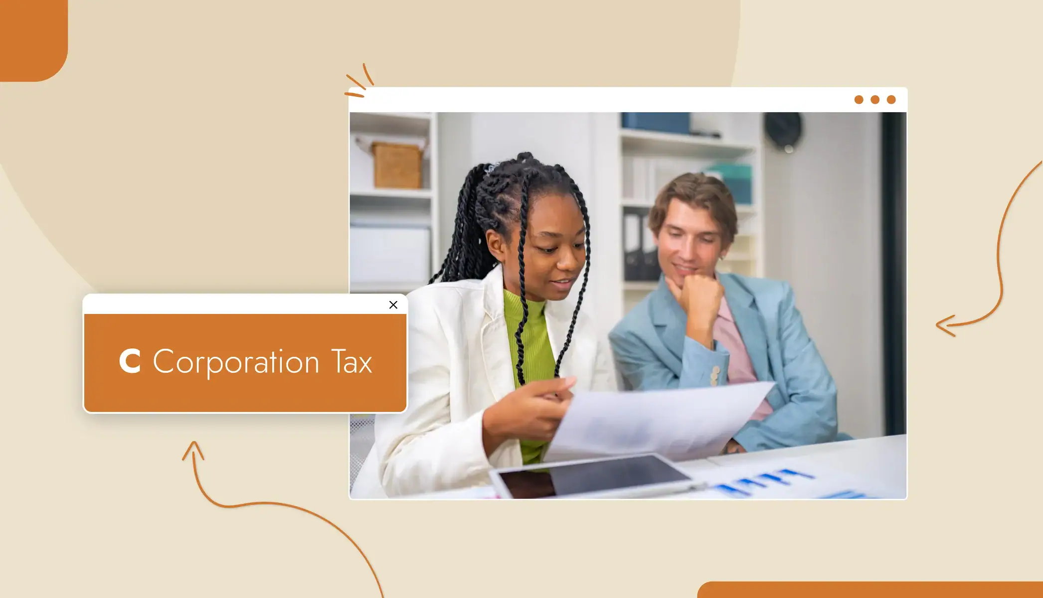 A man and a woman looking at a document related to C Corporation taxes