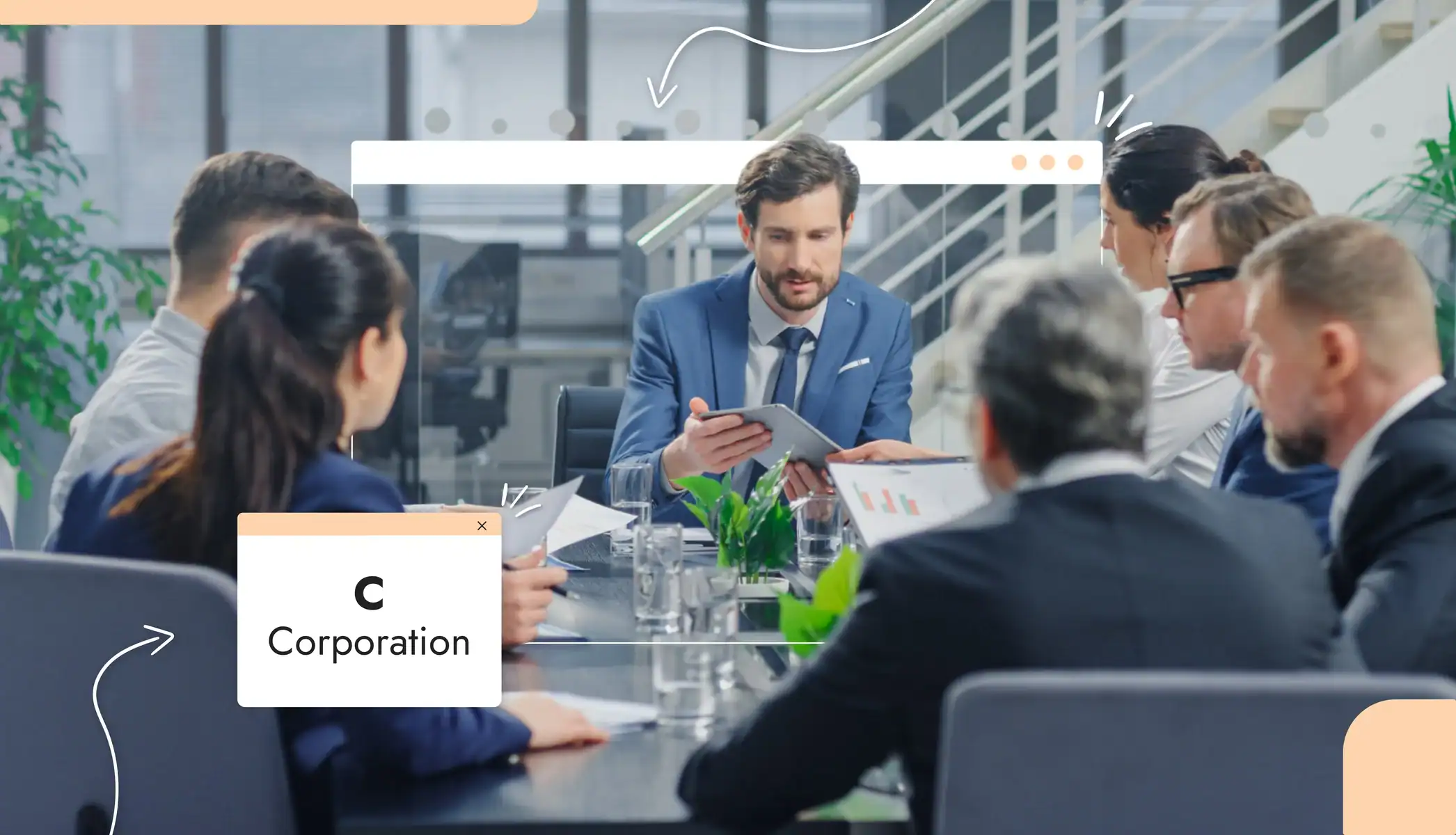 A small group of people sitting together reviewing documents Text reads, "C Corporation"