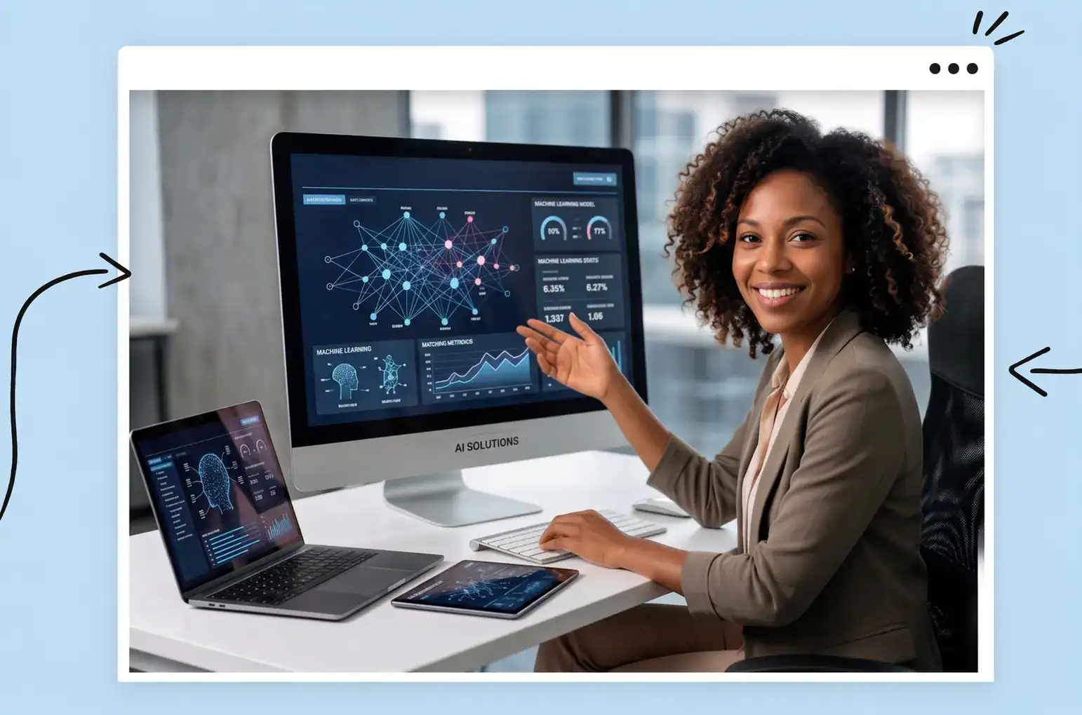 A woman sits at a desk with a computer monitor and laptop. Both screens show high tech, AI related images