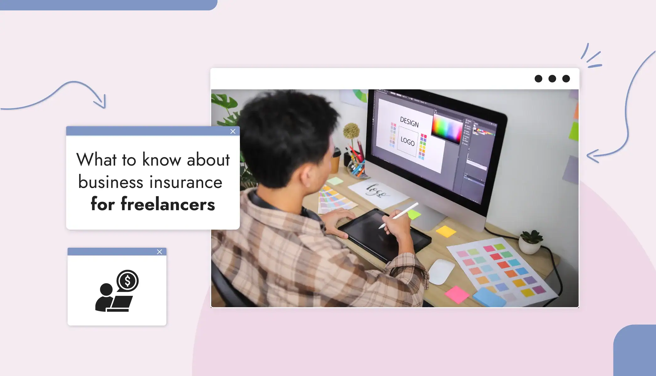 A person sitting at a desk looking at a computer monitor, which has an image of a logo design on the screen