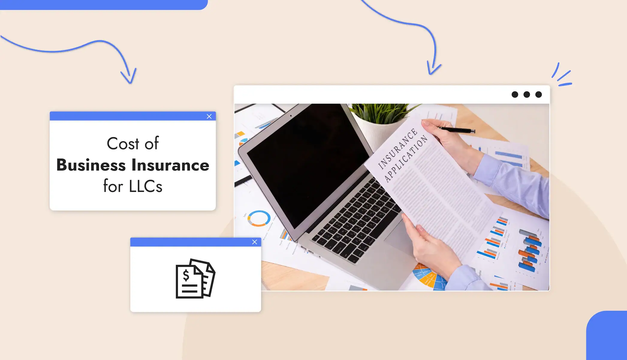 A person reviewing an insurance application on a desk. On the desk is a laptop and various papers.