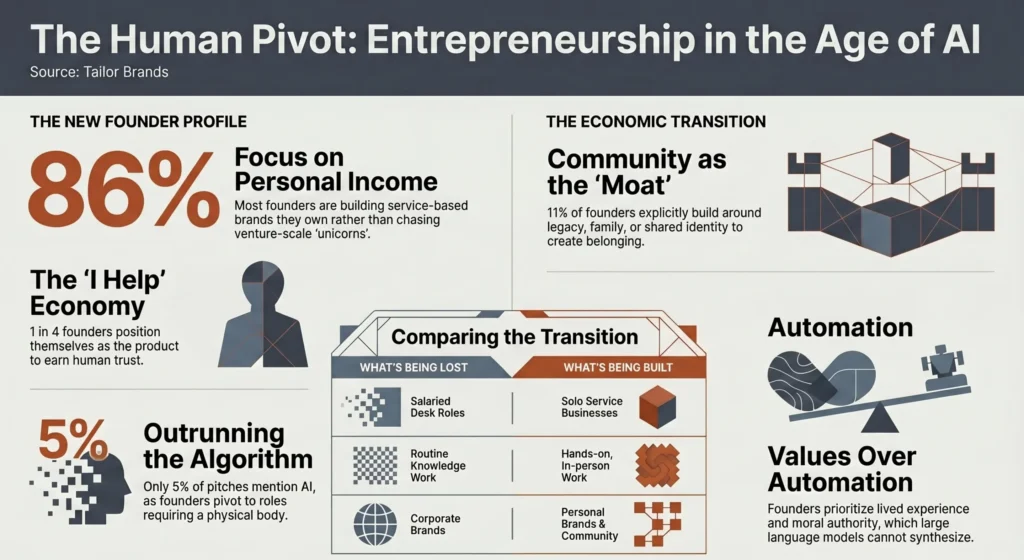 Infographic titled “The Human Pivot: Entrepreneurship in the Age of AI” by Tailor Brands showing how entrepreneurship is shifting toward personal brands, service-based businesses, community, and human-centered work.