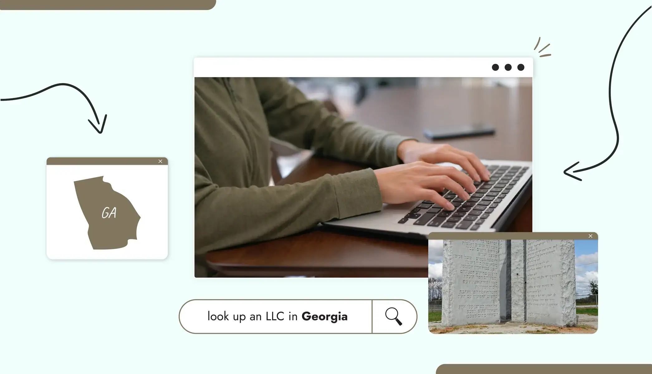 A person typing on a laptop Georgia state map