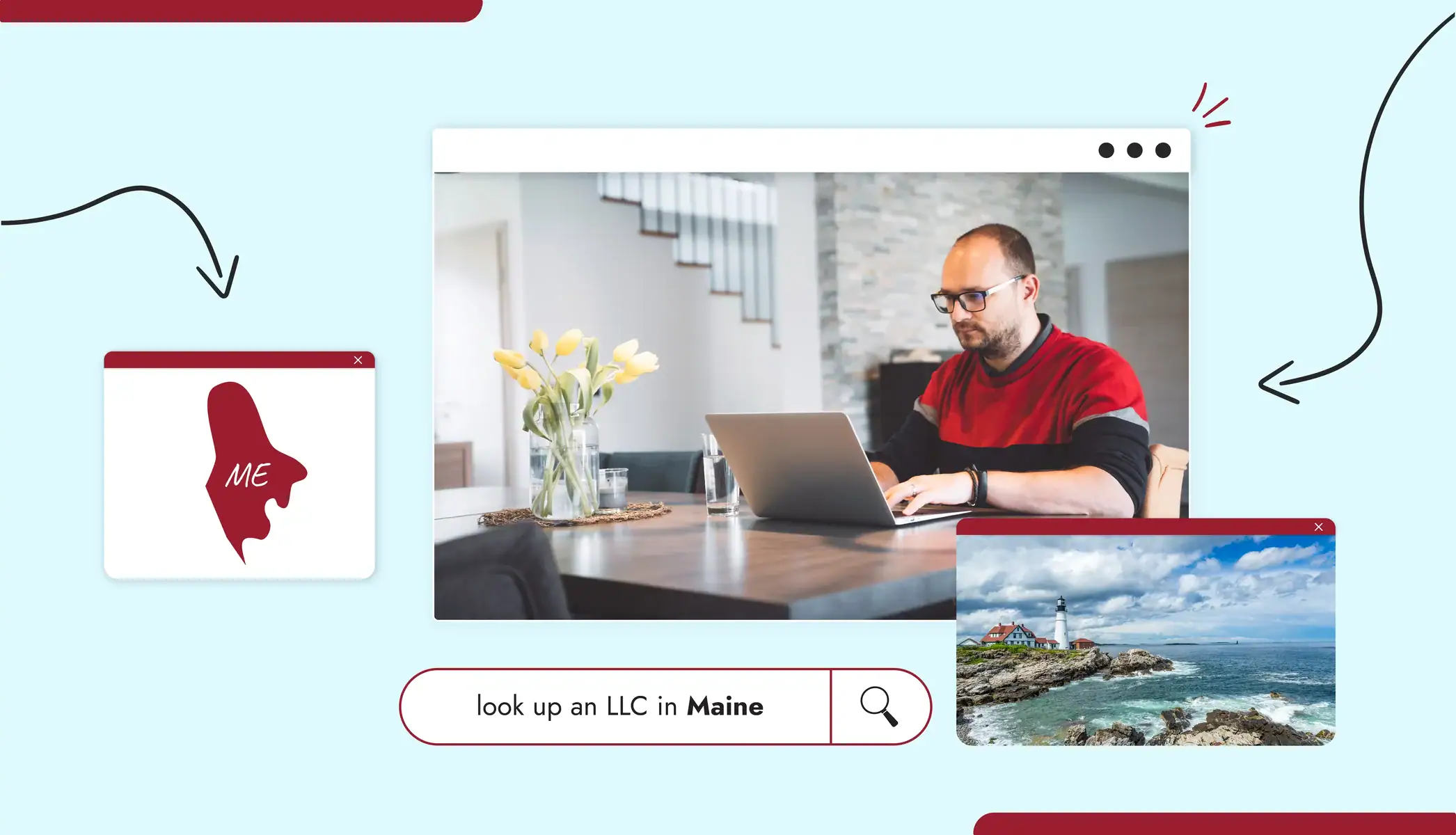 A man sitting at a table in a house typing on a laptop Maine state map