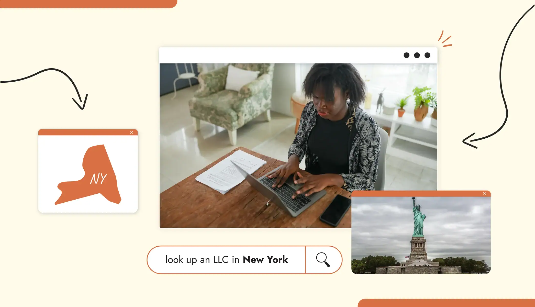 A person typing on a laptop doing an LLC lookup New York state map