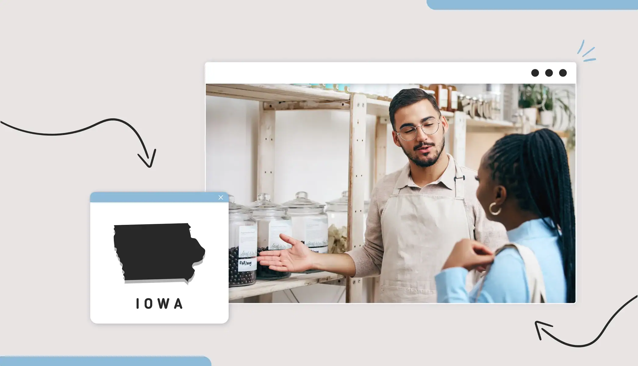 A business owner speaking with a customer in a store Iowa state map