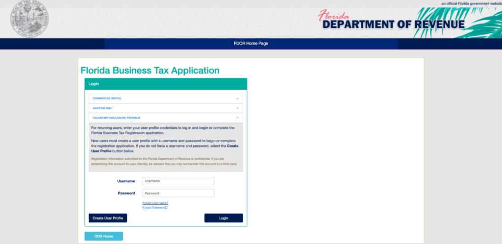 A screenshot of the Florida Department of Revenue Business Tax Application portal