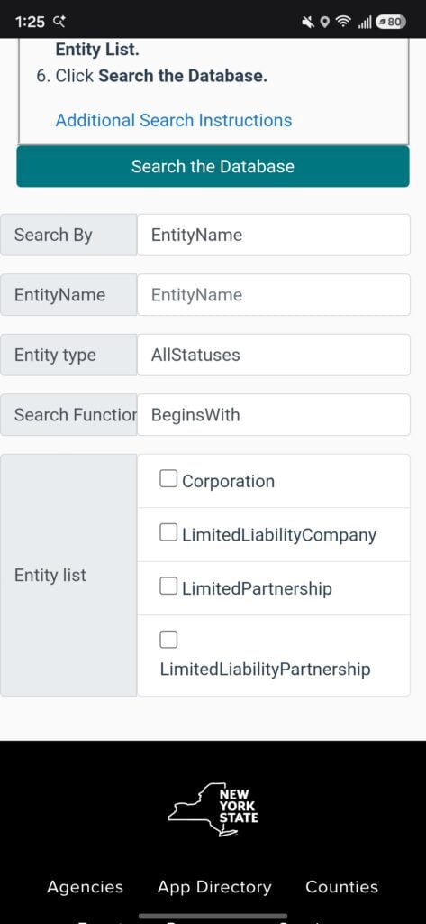 Screenshot of an NY LLC lookup