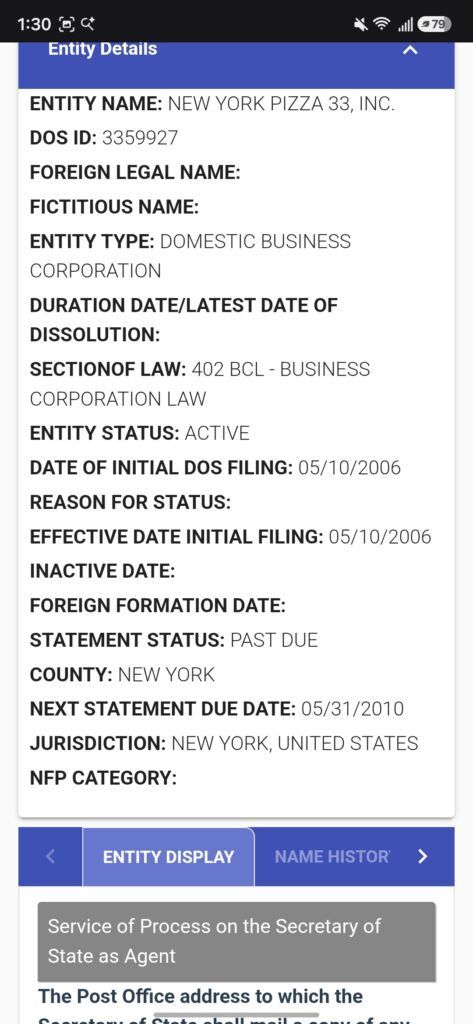 Screenshot of an NY LLC lookup