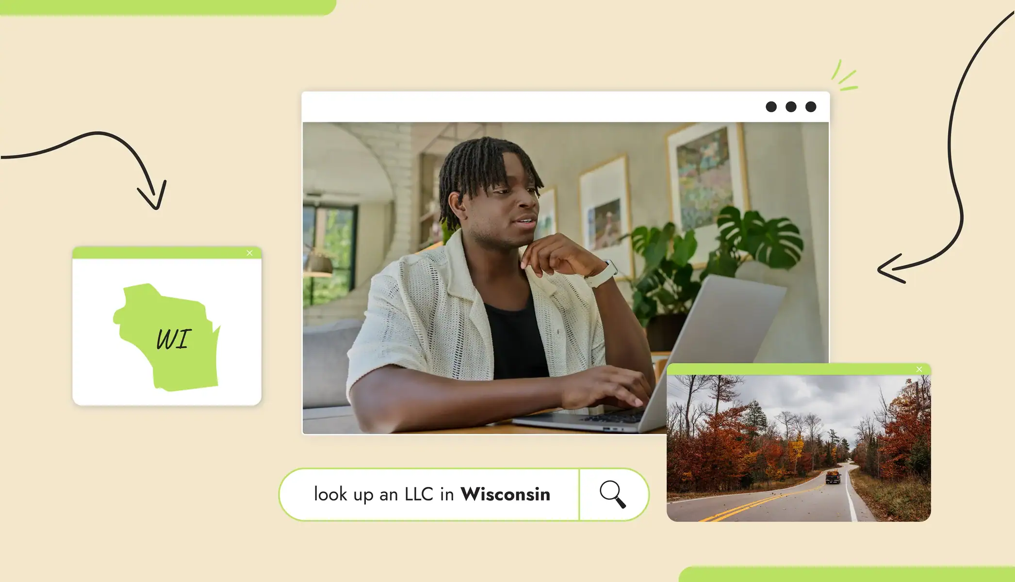 A person sitting at a computer doing a Wisconsin LLC lookup Wisconsin state map