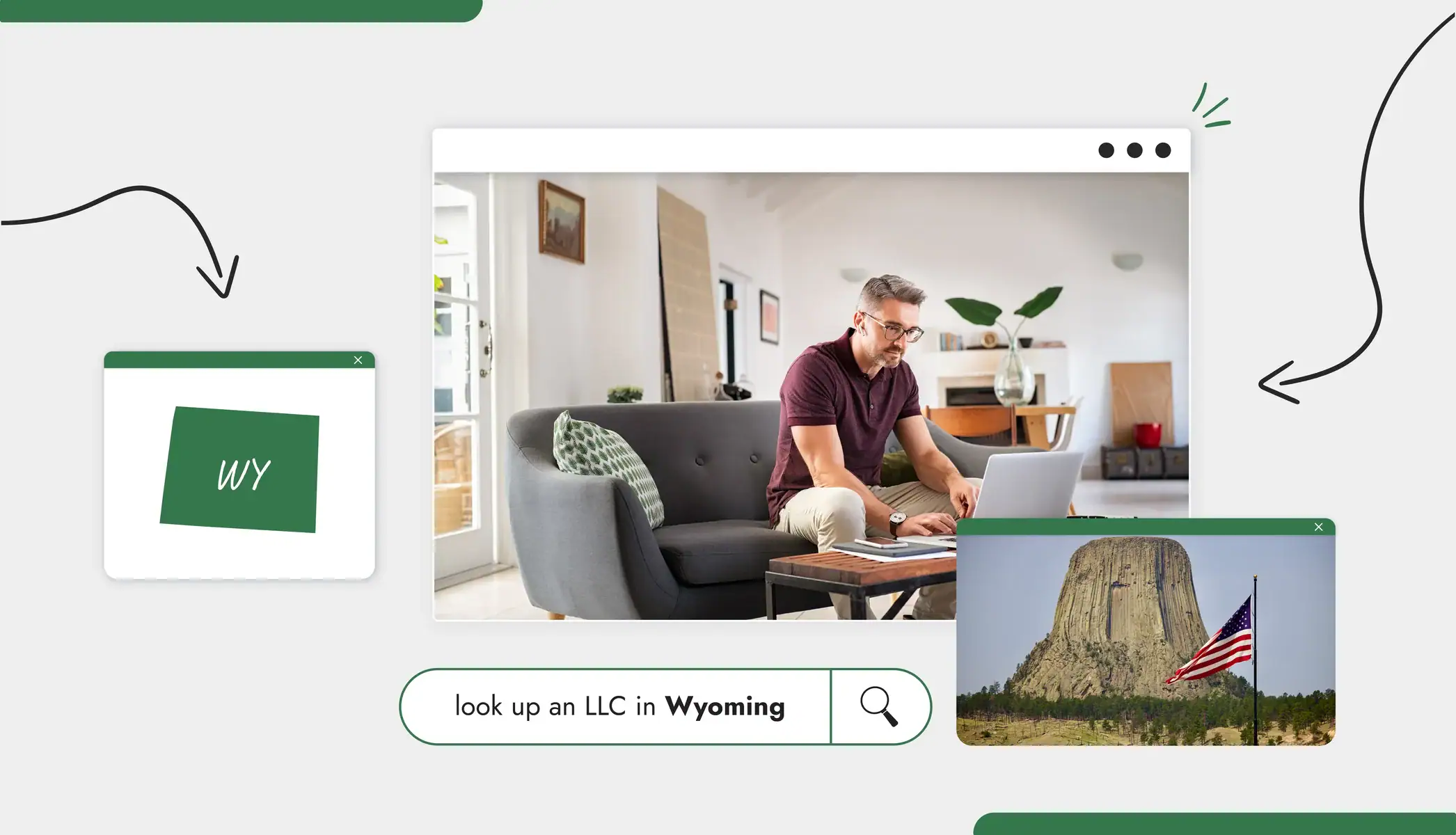A man sitting on a couch typing on a laptop Wyoming state map
