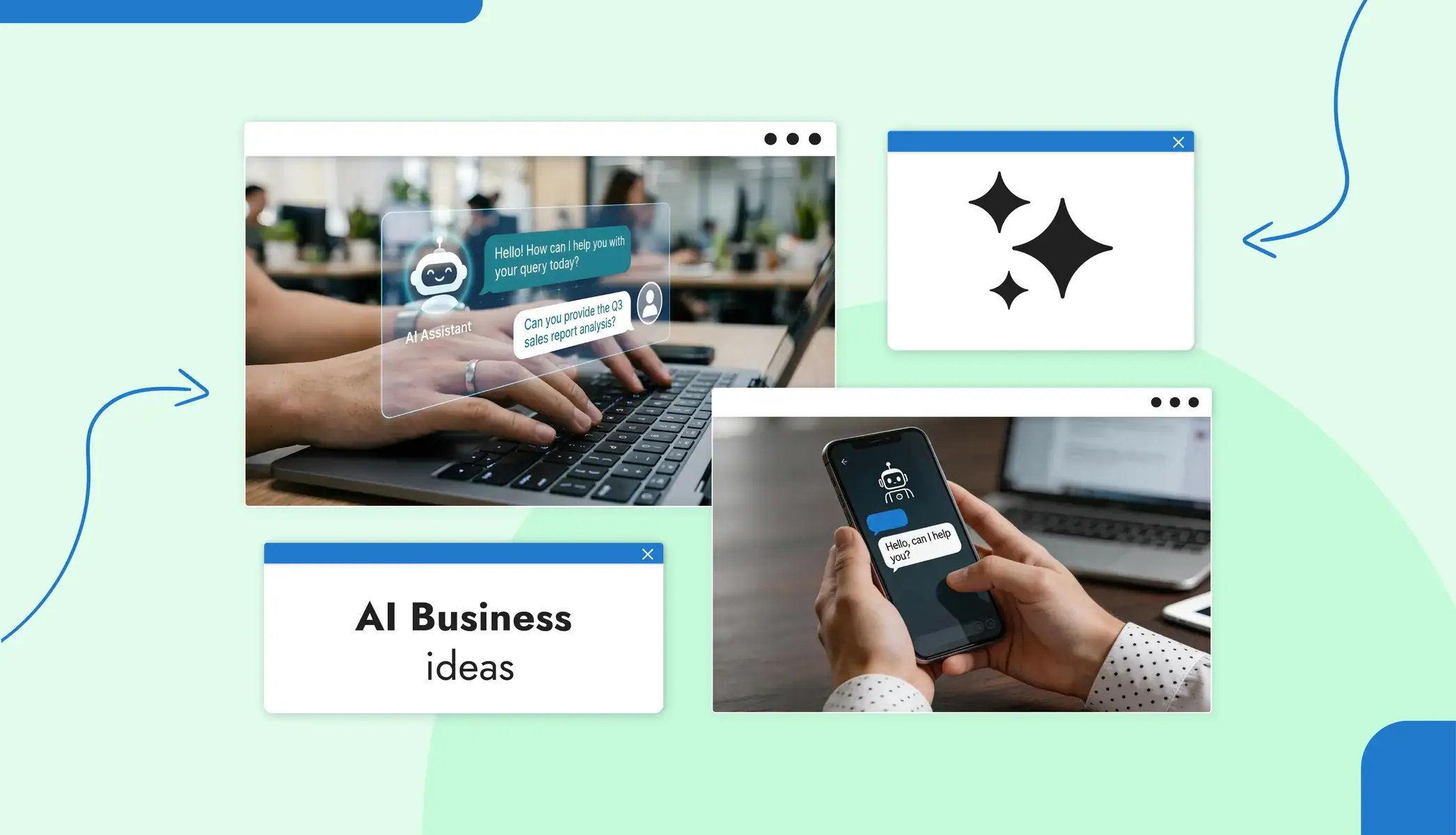 A person typing on a keyboard, the screen shows an AI agent chatbot asking how it may help A person texting with an AI chatbot on a mobile phone Text reads, "AI Business ideas"