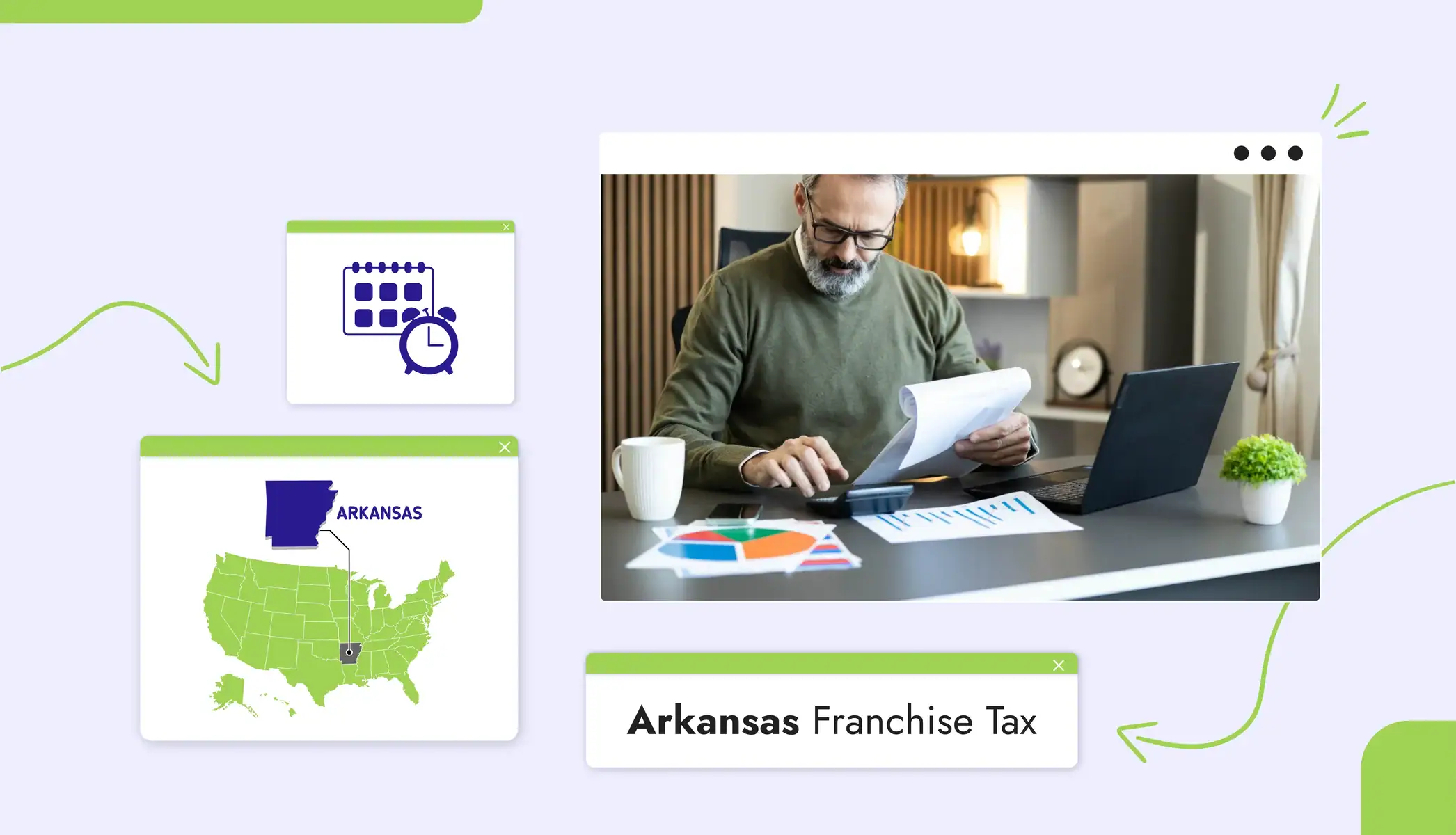 A man sitting at a desk with a computer looking at forms and graphs Text reads, "Arkansas Franchise Tax"