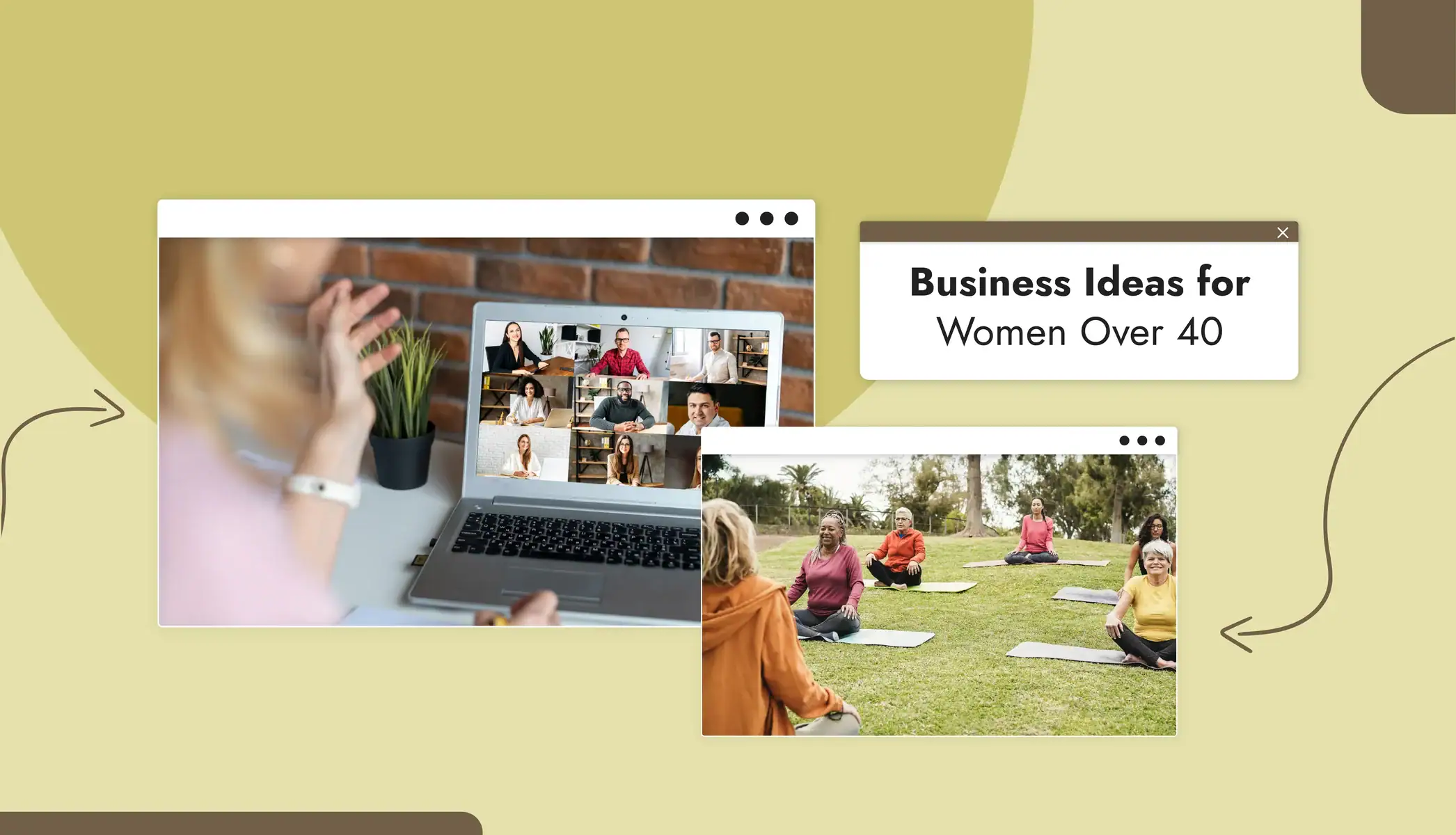 A laptop screen showing a zoom meeting Women in the park sitting on yoga mats Text reads, "Business Ideas for Women Over 40"