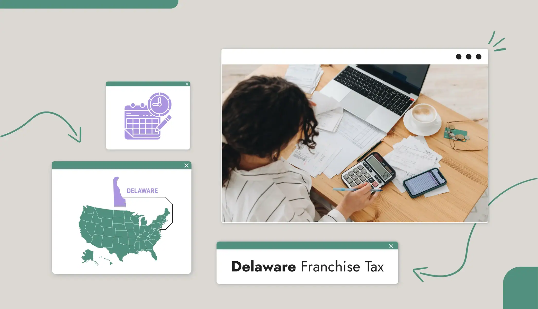 A person using a calculator and looking at charts and graphs Text reads, "Delaware Franchise Tax"