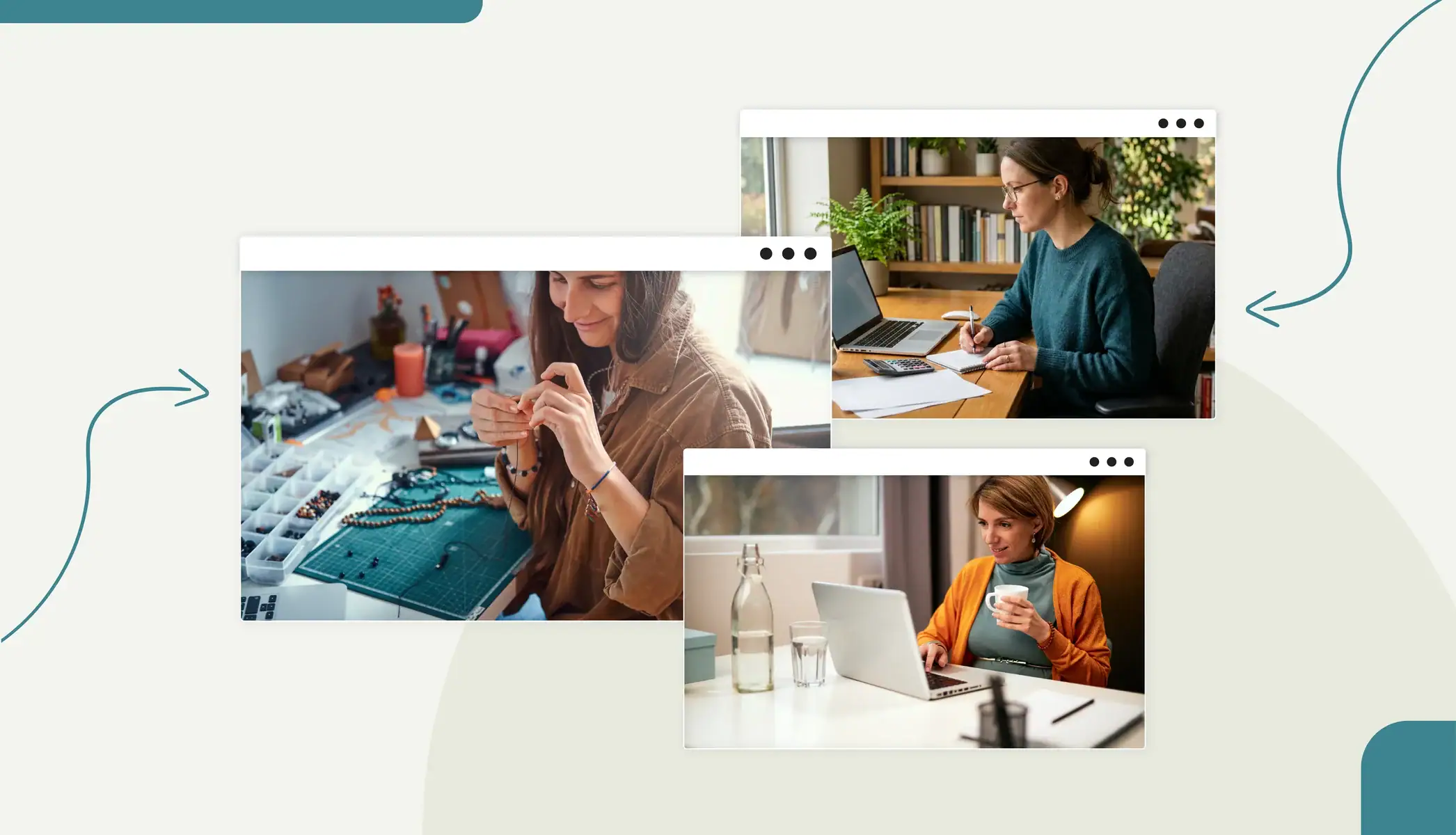 An image of a woman making a beaded necklace An image of a woman sitting at a desk writing in a notebook and looking at a laptop screen An image of a woman sitting at a desk looking at a laptop screen with a cup of coffee in her hand