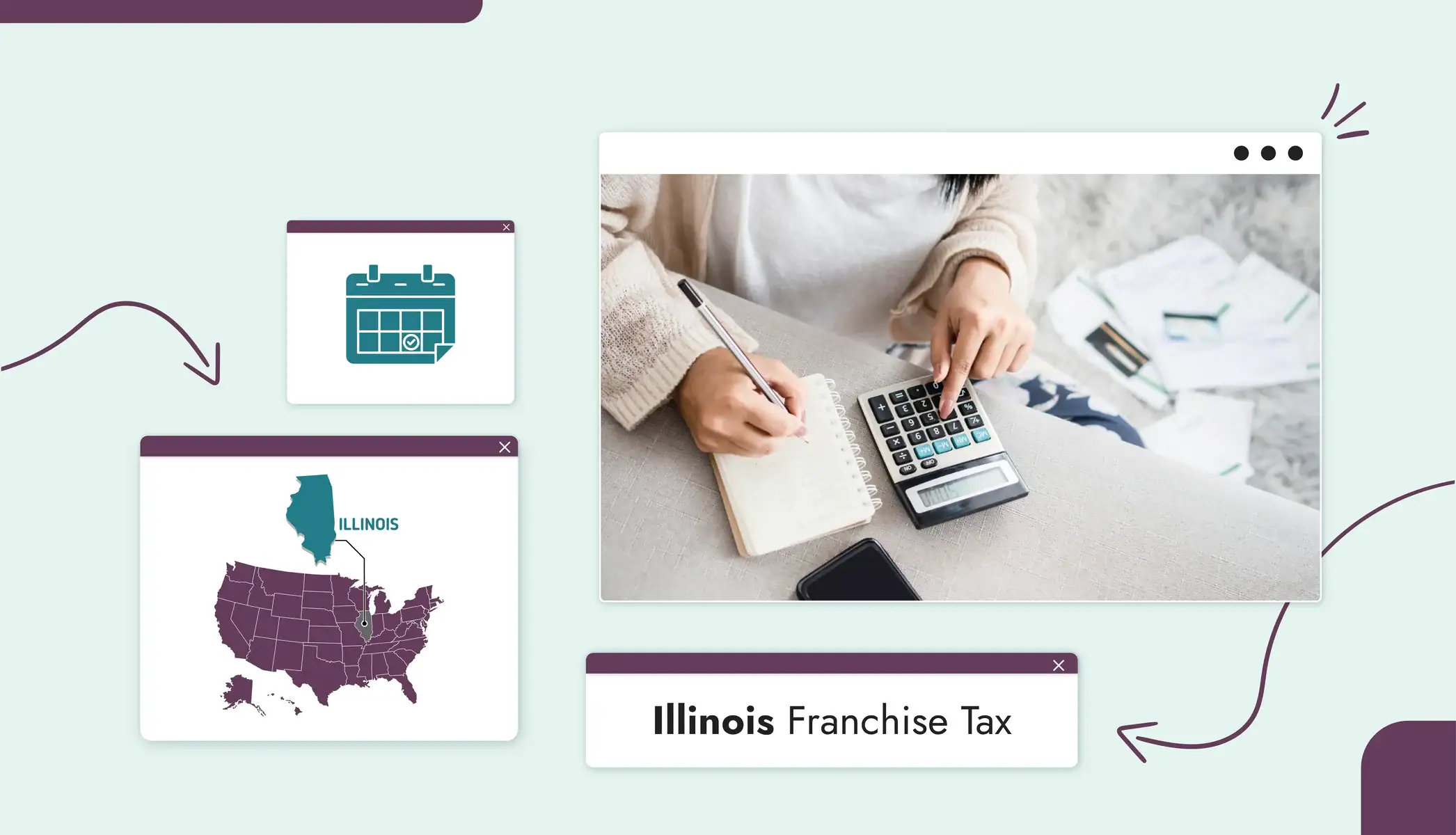 A person using a calculator and writing on a notepad. Text reads, "Illinois Franchise Tax"
