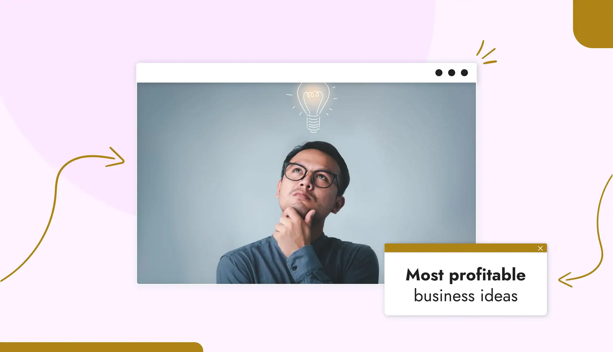 A man in a thinking pose with his hand on his chin, looking upwards at a lightbulb above his head Text reads, "Most Profitable Business Ideas"