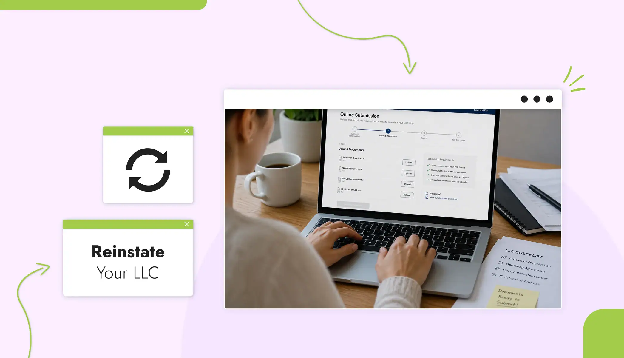 A person typing on a computer Text reads, "Reinstate your LLC"