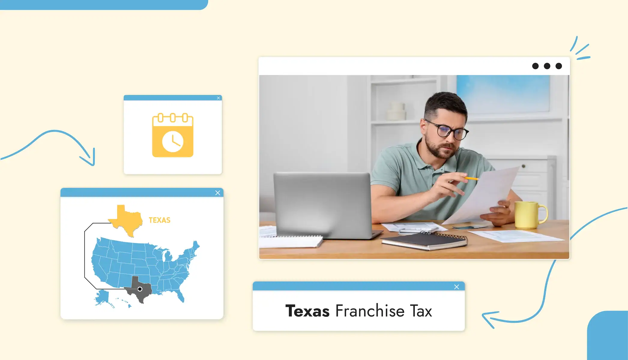 A man sitting at a desk with a laptop in front of him, looking at a stack of paper in his hands Text reads, "Texas Franchise Tax"