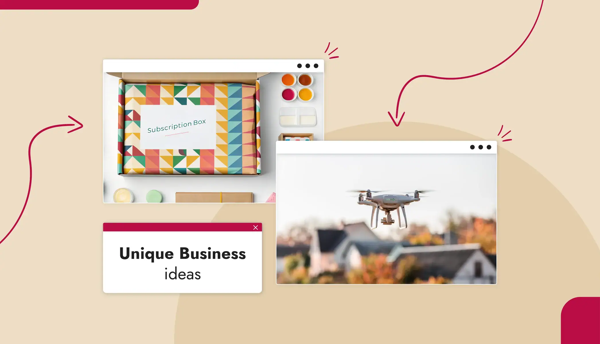 A colorful box that says "Subscription box" a drone flying through the air, text reads "Unique Business ideas"