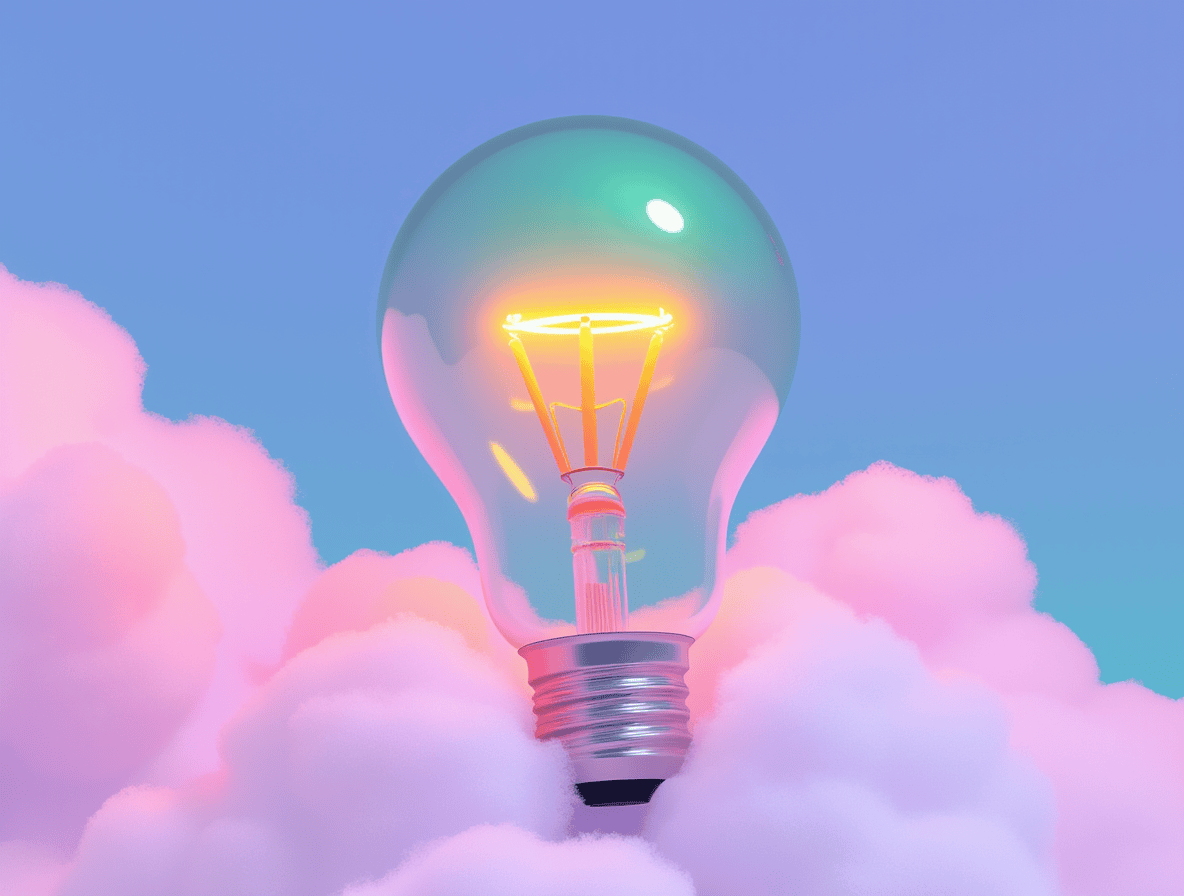Lightbulb floating in pastel clouds